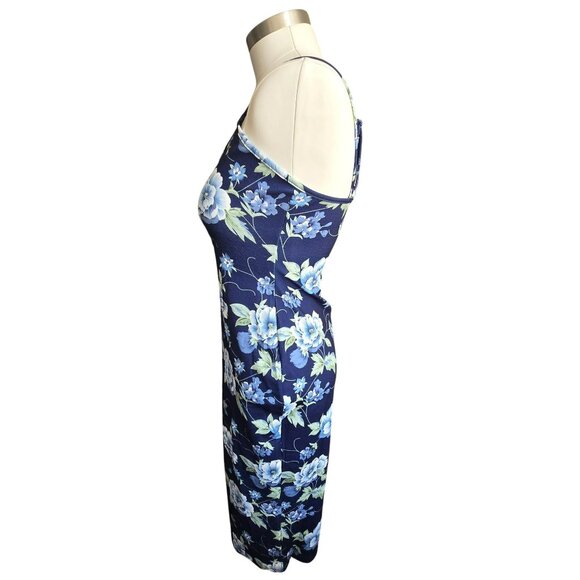 Navy Blue Floral Bodycon Midi Dress With Spaghetti Straps Size L 8/10 JJ3940 - Picture 3 of 9